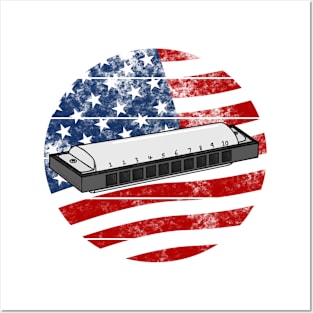 Harmonica USA Flag Harmonicist Musician 4th July Posters and Art